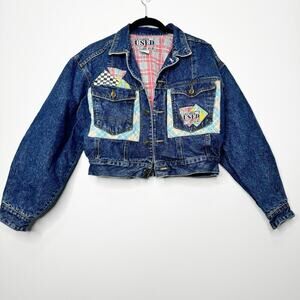 Vintage Get Used Denim Crop Jean Jacket Flannel Lined Patches Size Medium